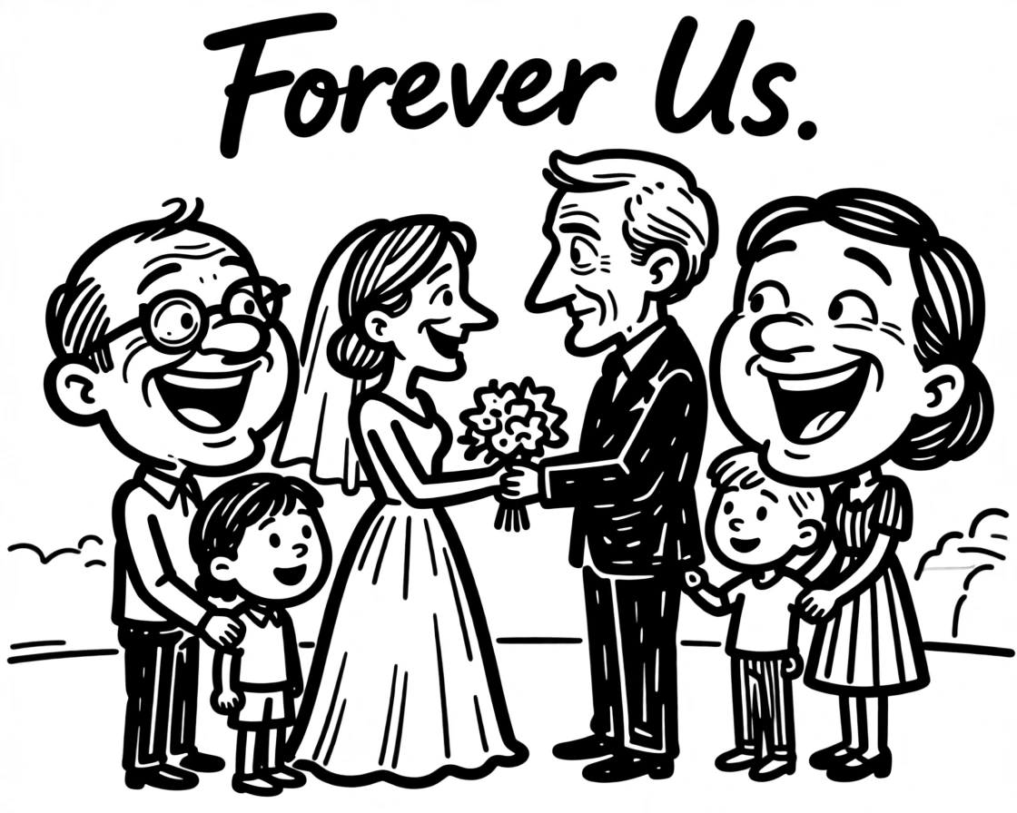 A couple renewing their vows decades later, surrounded by their grown children.