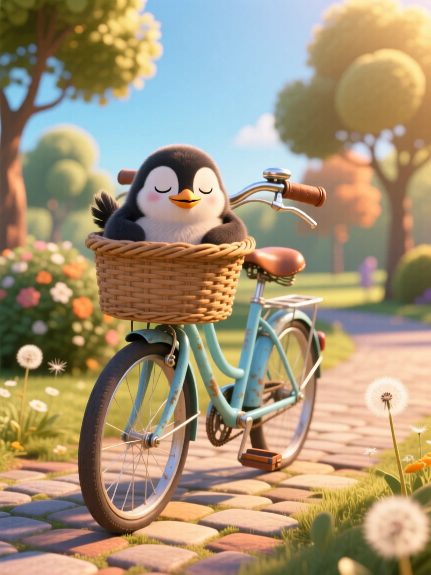 A penguin chick is sitting in a vintage bicycle basket, wagging its tail happily. A gentle, sleepy calm fills the moment, with its whiskers twitching gently.
