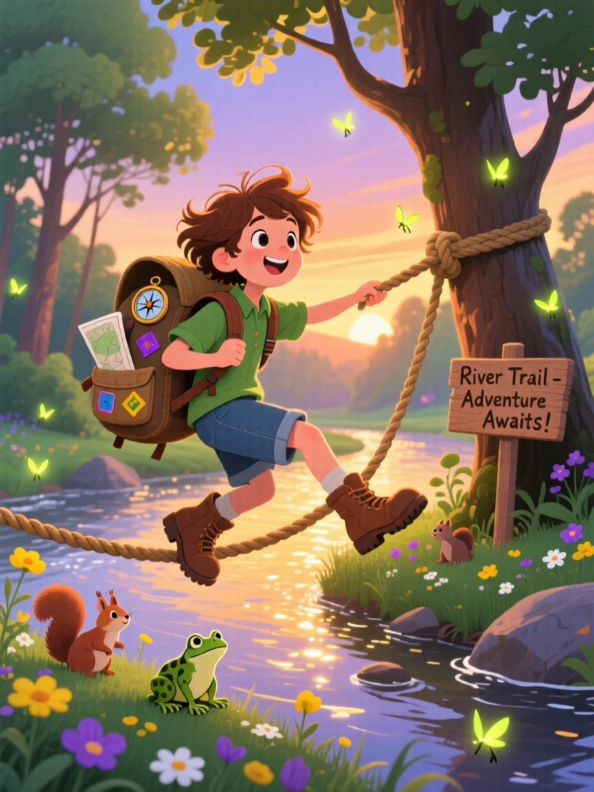 A young explorer with a backpack spends the day following a river downstream on a rope swing through a sunlit riverbank, as fireflies begin to appear at dusk.