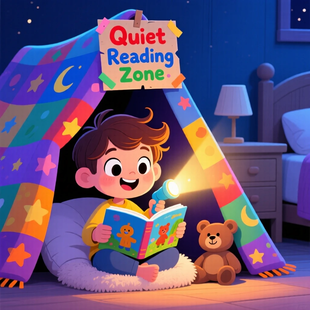 A child flashlight-reading under a blanket fort at bedtime.