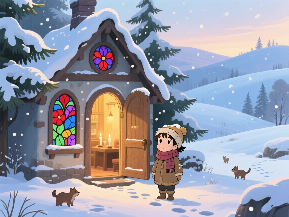 A charming view of a chapel with stained glass windows glowing from within, dusted lightly with fresh snow.