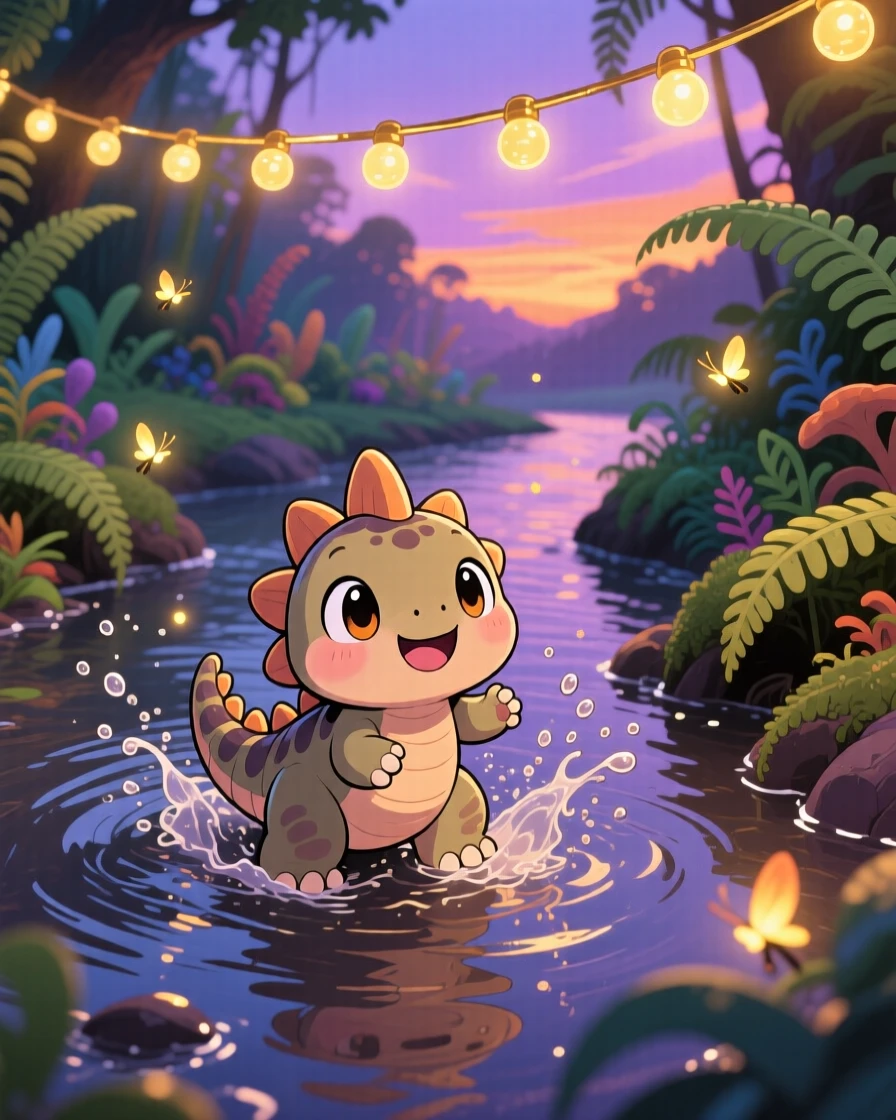 Worm's-eye view of a baby stegosaurus, splashing through a shallow prehistoric river, in a fern-covered riverbank, as fireflies begin to glow at dusk, illuminated by glowing string lights, radiating warm affection.