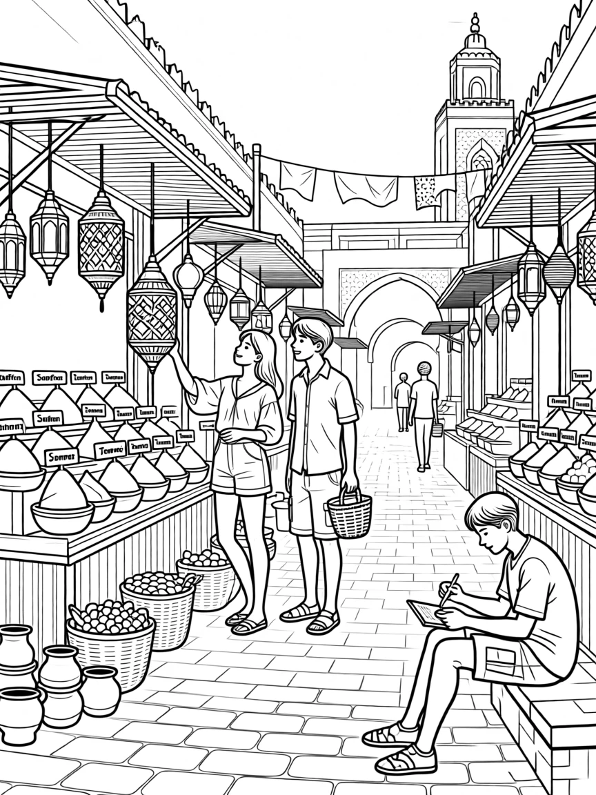 A market square in Marrakech filled with lanterns and spices, with cobblestone streets stretching into the distance.