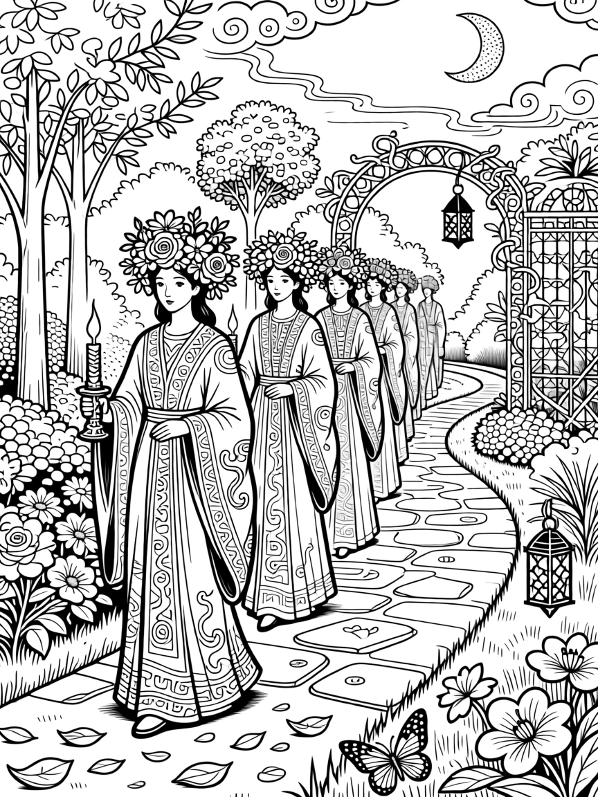 A candlelit procession scene with flower crowns.