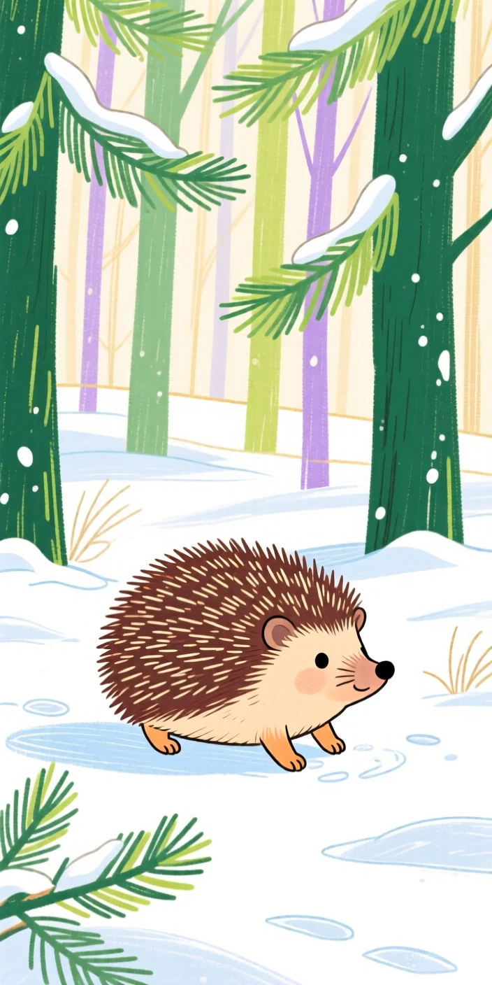 A small hedgehog playing in a snowy pine forest on a quiet summer afternoon.