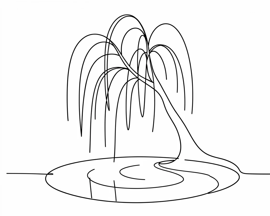 A weeping willow tree draping its branches over a still pond