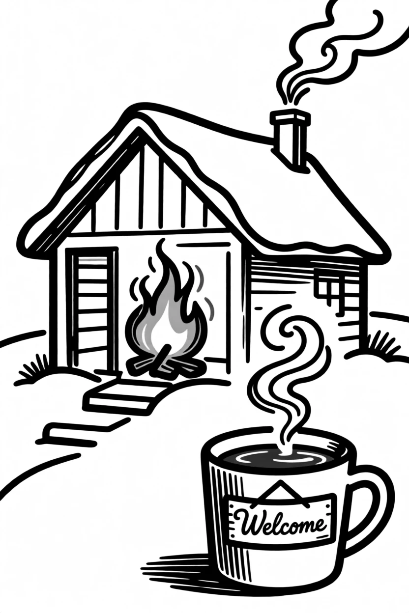 A cozy winter cabin scene with hot cocoa and a roaring fire.