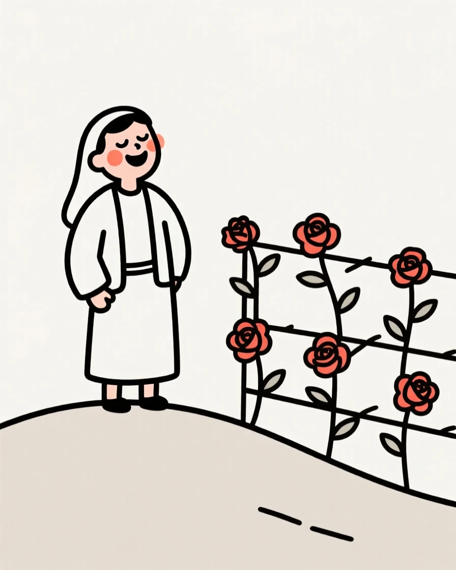 A shepherd of turkish heritage on a hillside, laughing with eyes closed, beside a blooming rose trellis.