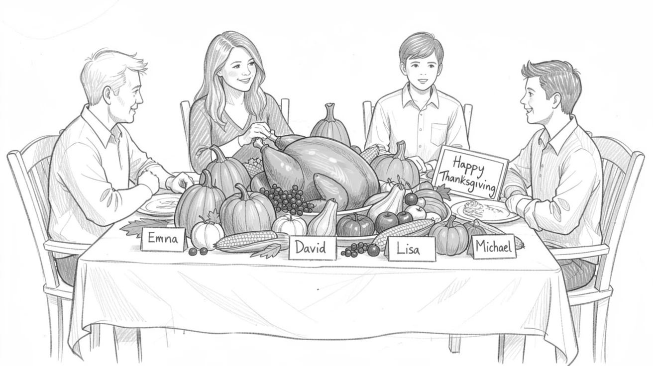 A festive scene of a Thanksgiving table piled with autumn harvest surrounded by loved ones, with festive colors filling the frame.