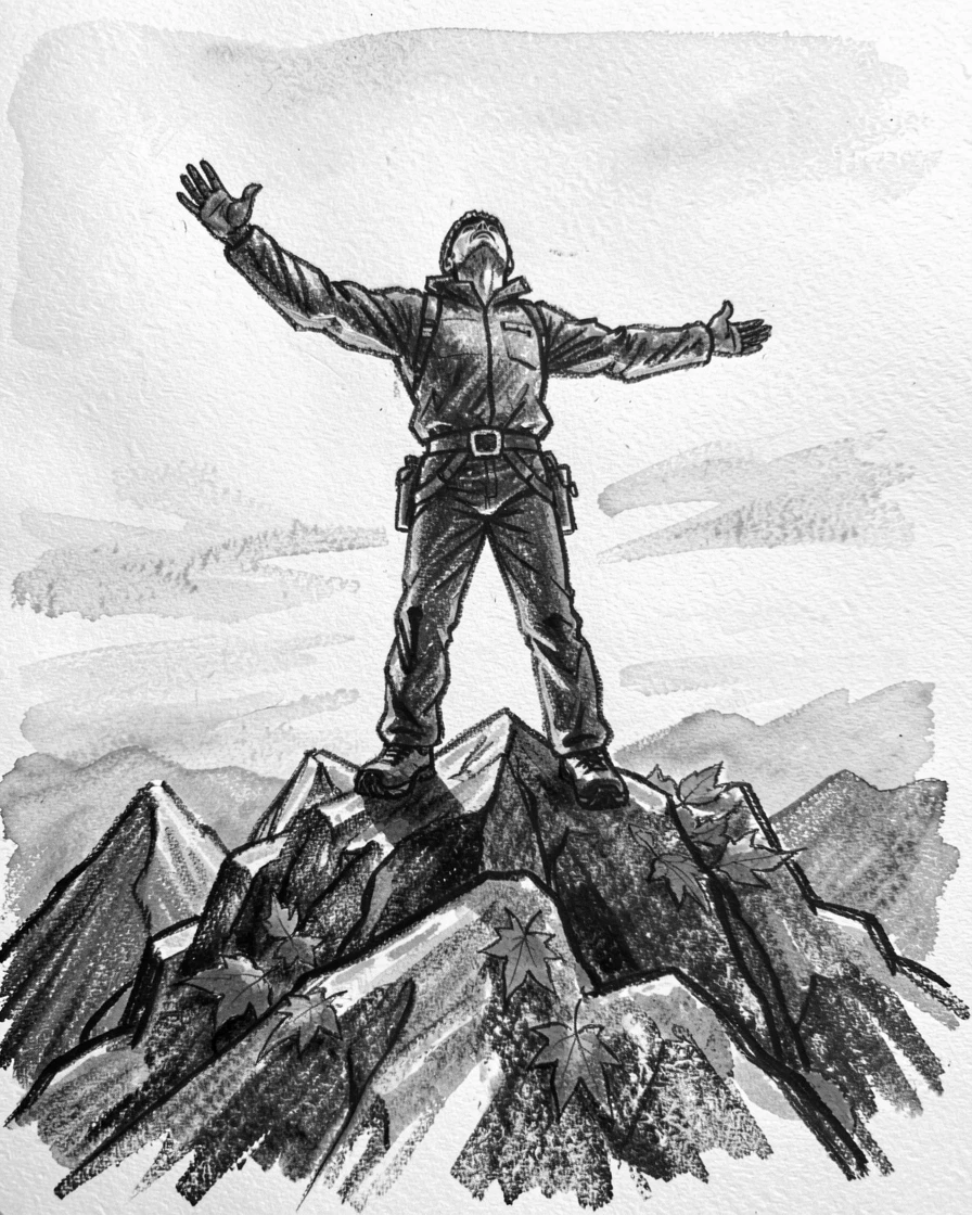 A lone climber reaching the summit at sunrise, arms outstretched, with autumn leaves scattered underfoot.