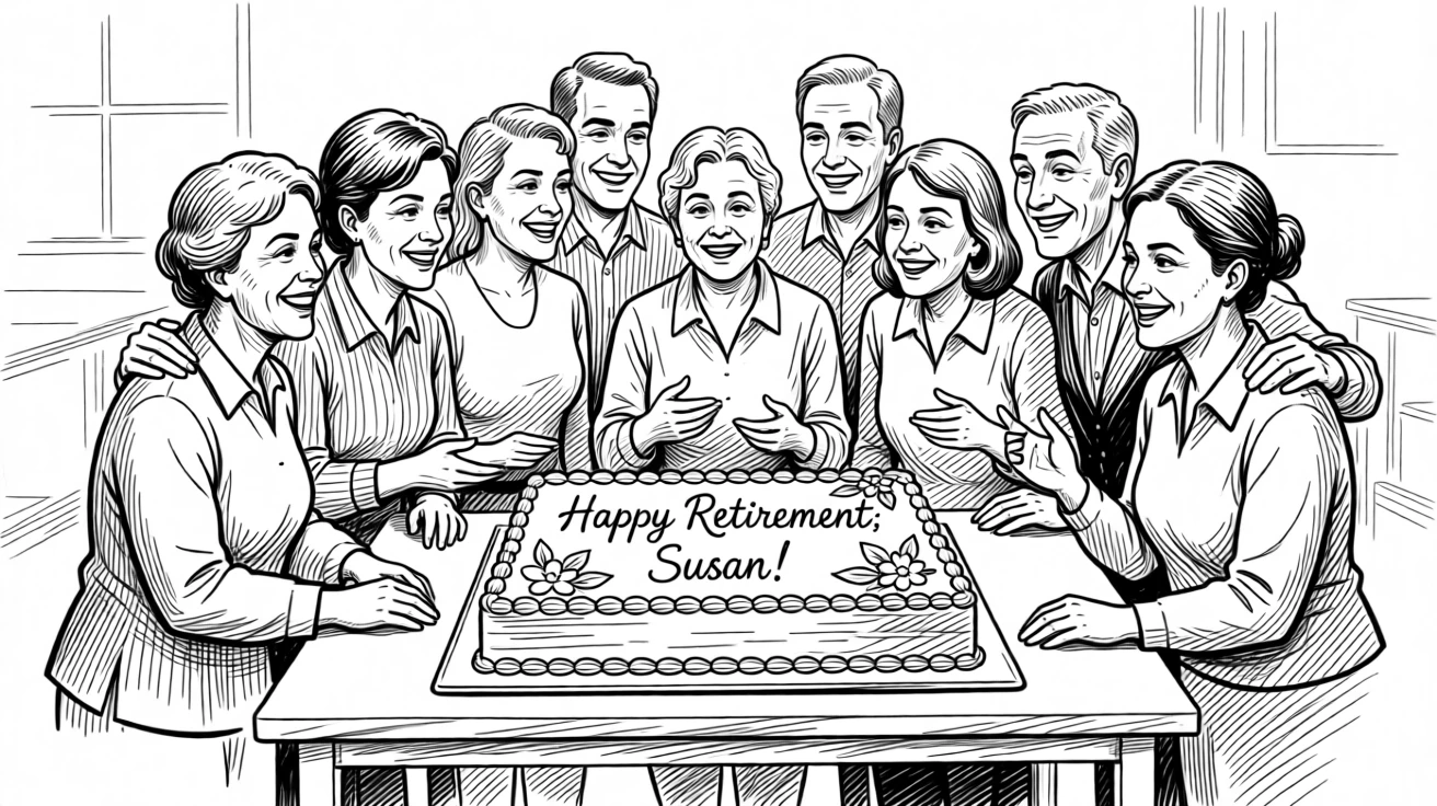 A joyful retirement celebration with coworkers gathered around a decorated cake.