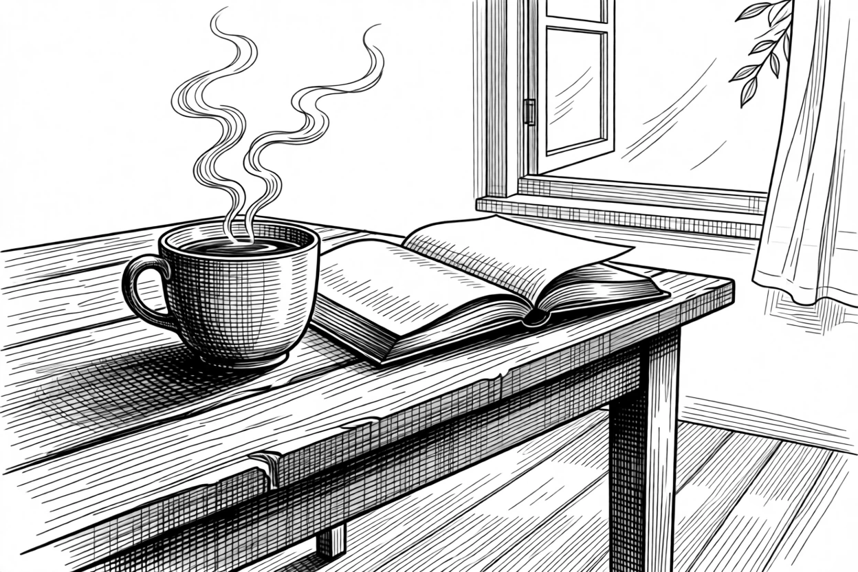 A steaming cup of tea beside an open journal with a gentle breeze drifting through an open window, with soft shadows stretching across worn wooden floors, evoking a full of quiet gratitude sense of calm.