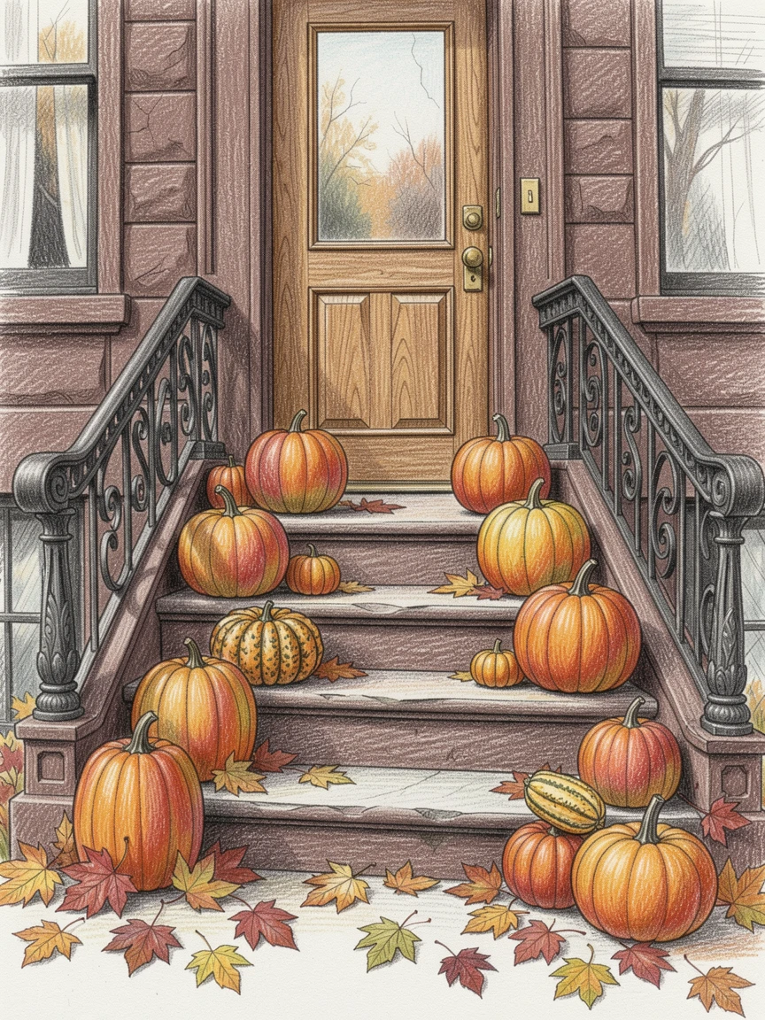 A New York City brownstone stoop decorated with autumn pumpkins, with rich, inviting textures throughout the scene, full of charm, emotion, and visual delight.