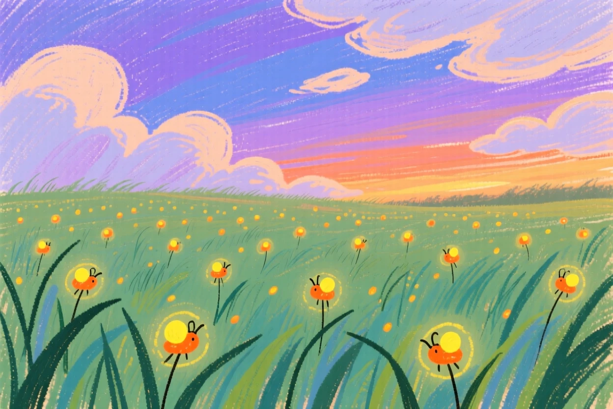 A view of a field of fireflies at dusk beneath a sky full of drifting clouds.