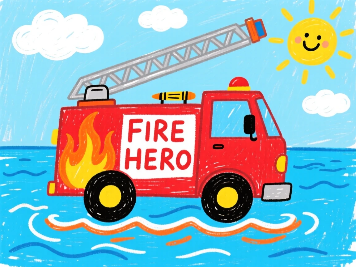 A shiny fire engine ladder truck sailing across a calm blue harbor.