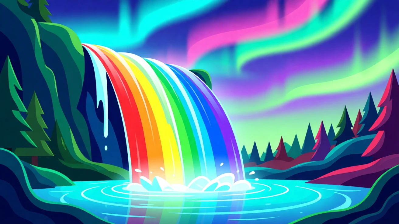 A magical rainbow waterfall cascading into a glowing crystal lake, set against a backdrop of glowing aurora colors, composed with a fairy-tale storybook quality, with rich jewel tones that evoke wonder and imagination.