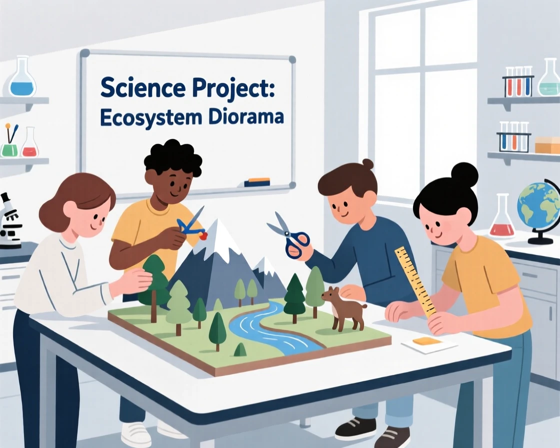 A group of students building a diorama in a science lab.