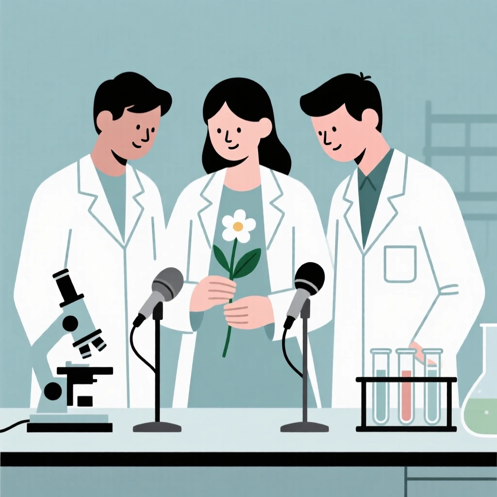 A florist collaborating with colleagues in a research laboratory, near microphones and instruments, full of quiet dedication.