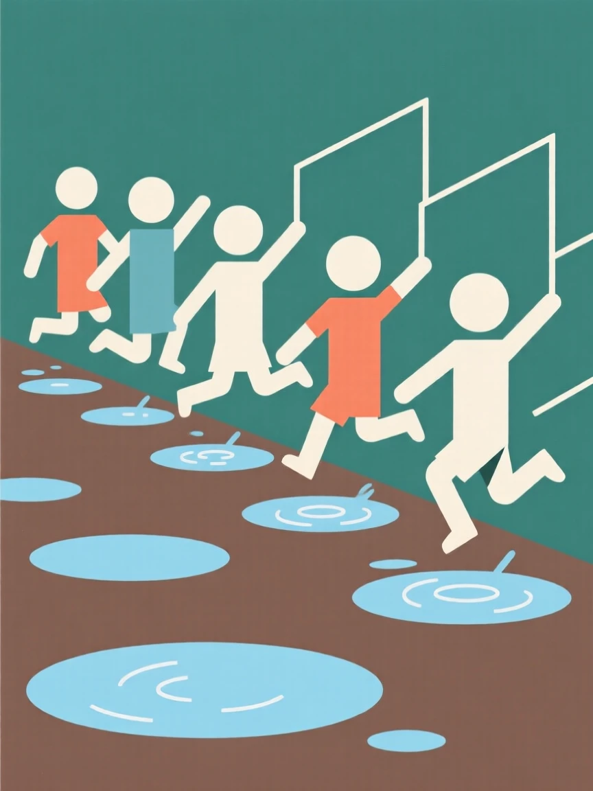 A group of children jumping over puddles