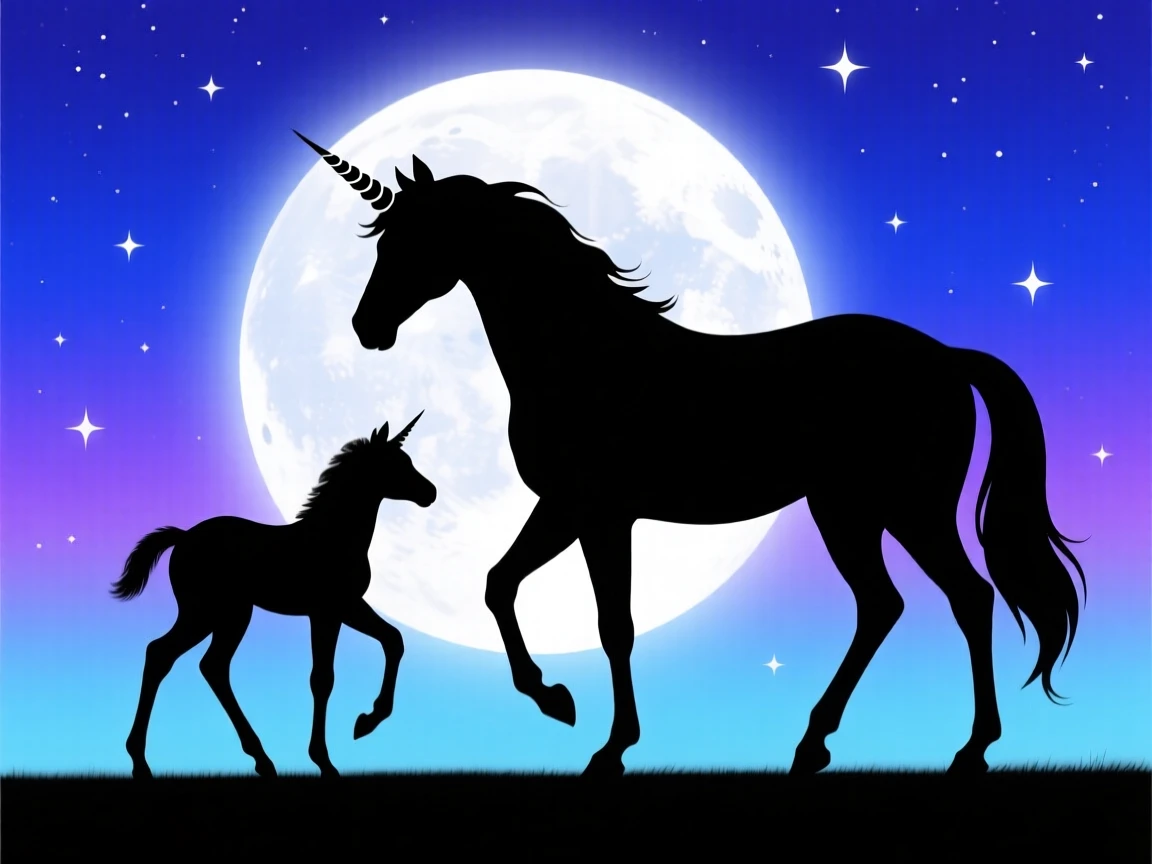 A moonlit unicorn foal taking its first steps beside its mother.
