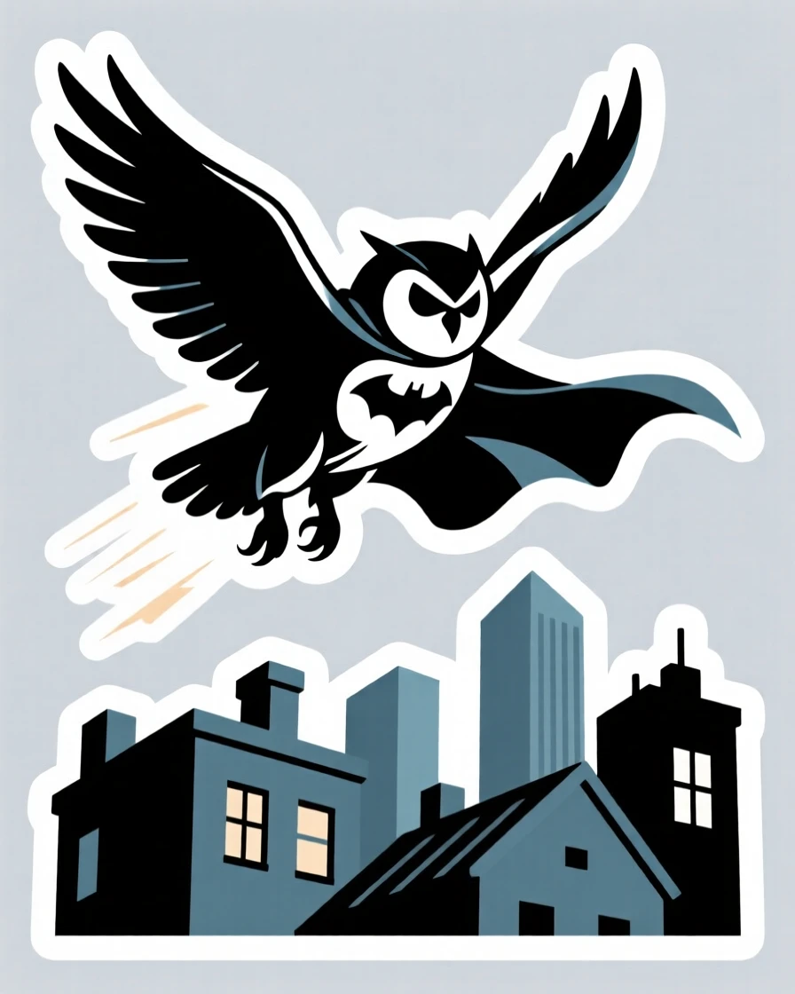 A wildly imaginative superhero owl soaring above city rooftops, caught mid-action with dramatic energy, in a world full of wonder and imagination.