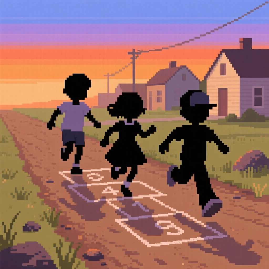 Kids playing hopscotch under a sky streaked with the colors of dusk, along a dirt road leading out of town.