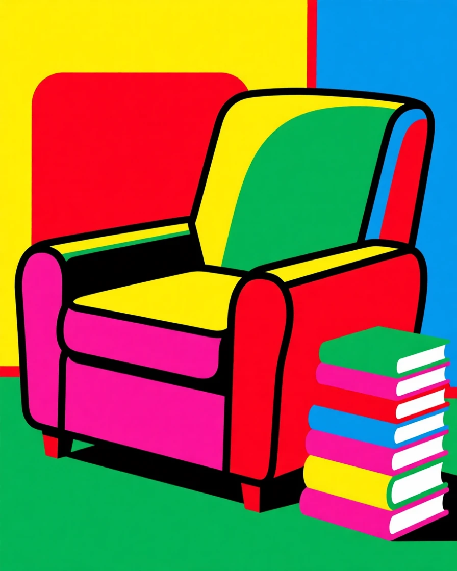 Cozy reading chair with a stack of novels