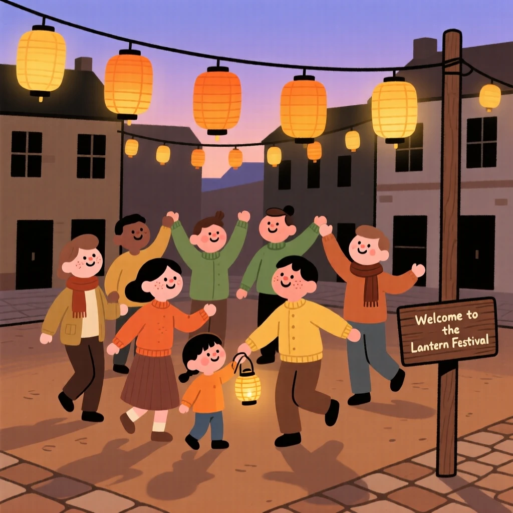 A community gathers in the town square for a lantern festival, dancing together beneath strings of glowing lanterns as evening falls.