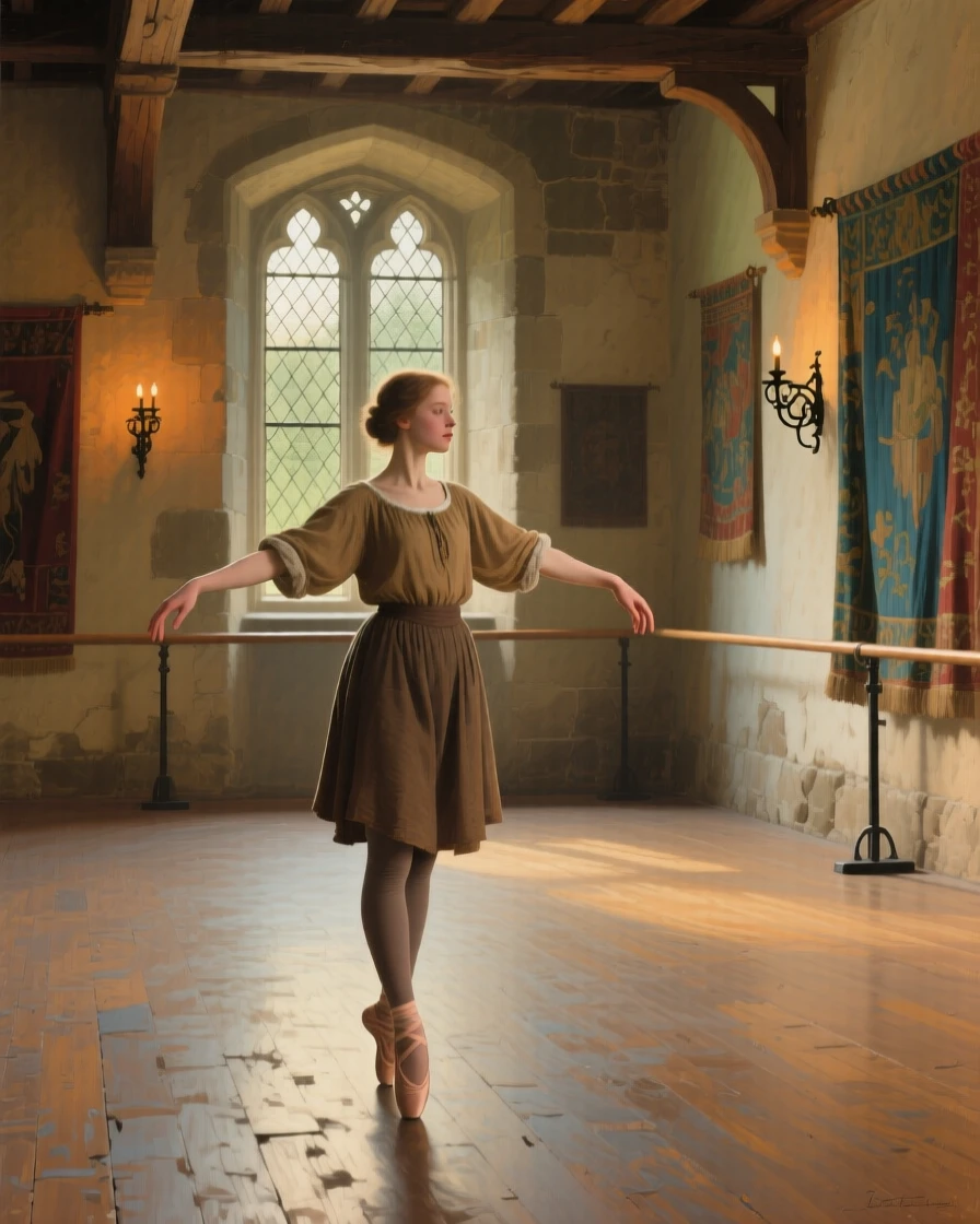 A centered composition of a young dancer stretching before a rehearsal in an empty studio, in medieval times, in late afternoon.