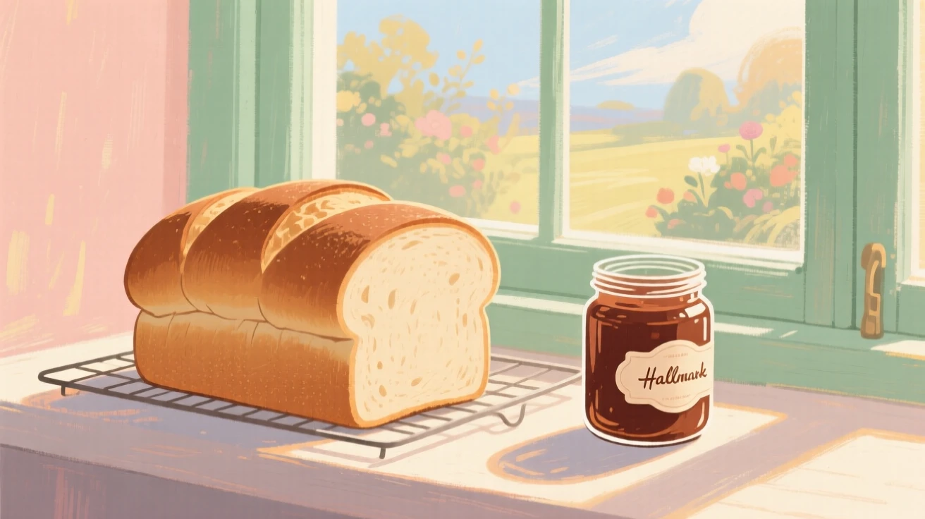 A fresh loaf of bread cooling on a windowsill beside a jar of jam