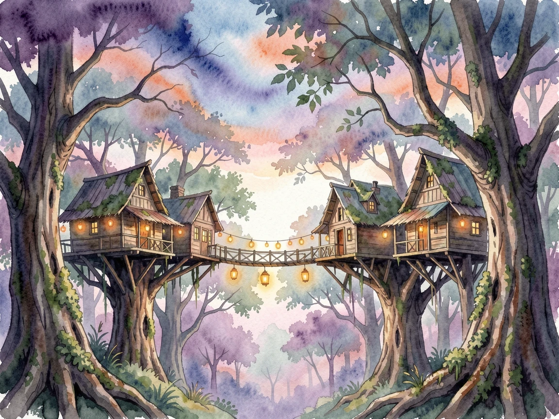 A magical treehouse village connected by lantern-lit bridges under a sky full of swirling colors.