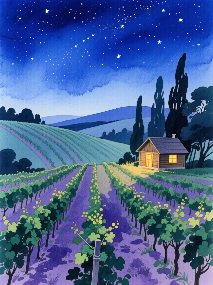 A breathtaking view of a rolling vineyard under a canopy of stars, with a rustic cabin tucked among the trees