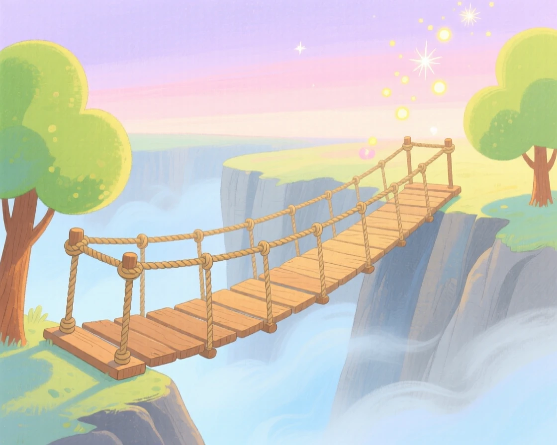 A rope bridge swaying above a misty ravine, bathed in soft magical light.