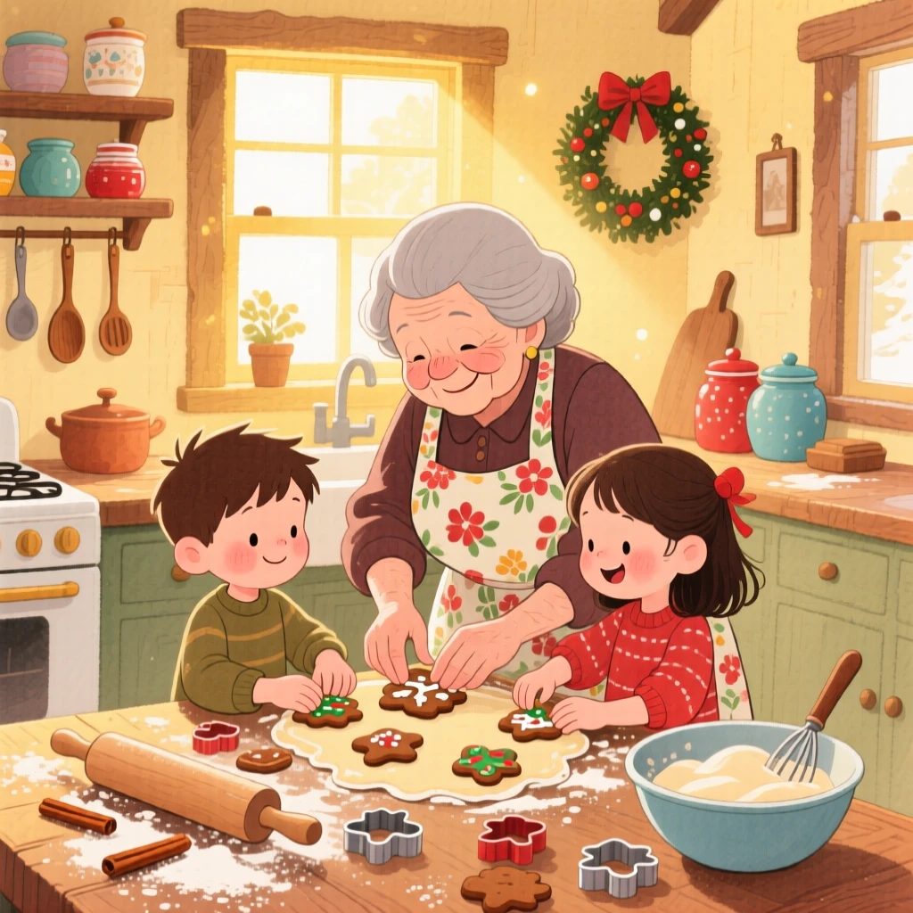 A grandmother teaching her grandchildren to make holiday cookies, in a warm kitchen dusted with flour and cinnamon, with warm golden light glowing from every window, evoking cherished holiday tradition.