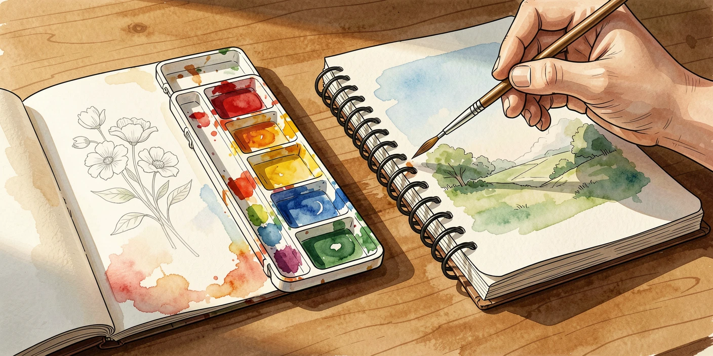 A painter mixing watercolors on a palette beside an open sketchbook, warm natural light illuminating the workspace.