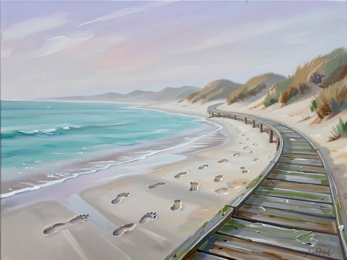 A secluded bay with turquoise water, children's footprints trailing across the wet sand, with a winding wooden boardwalk leading to the dunes, in early morning fog, the coastline barely visible.