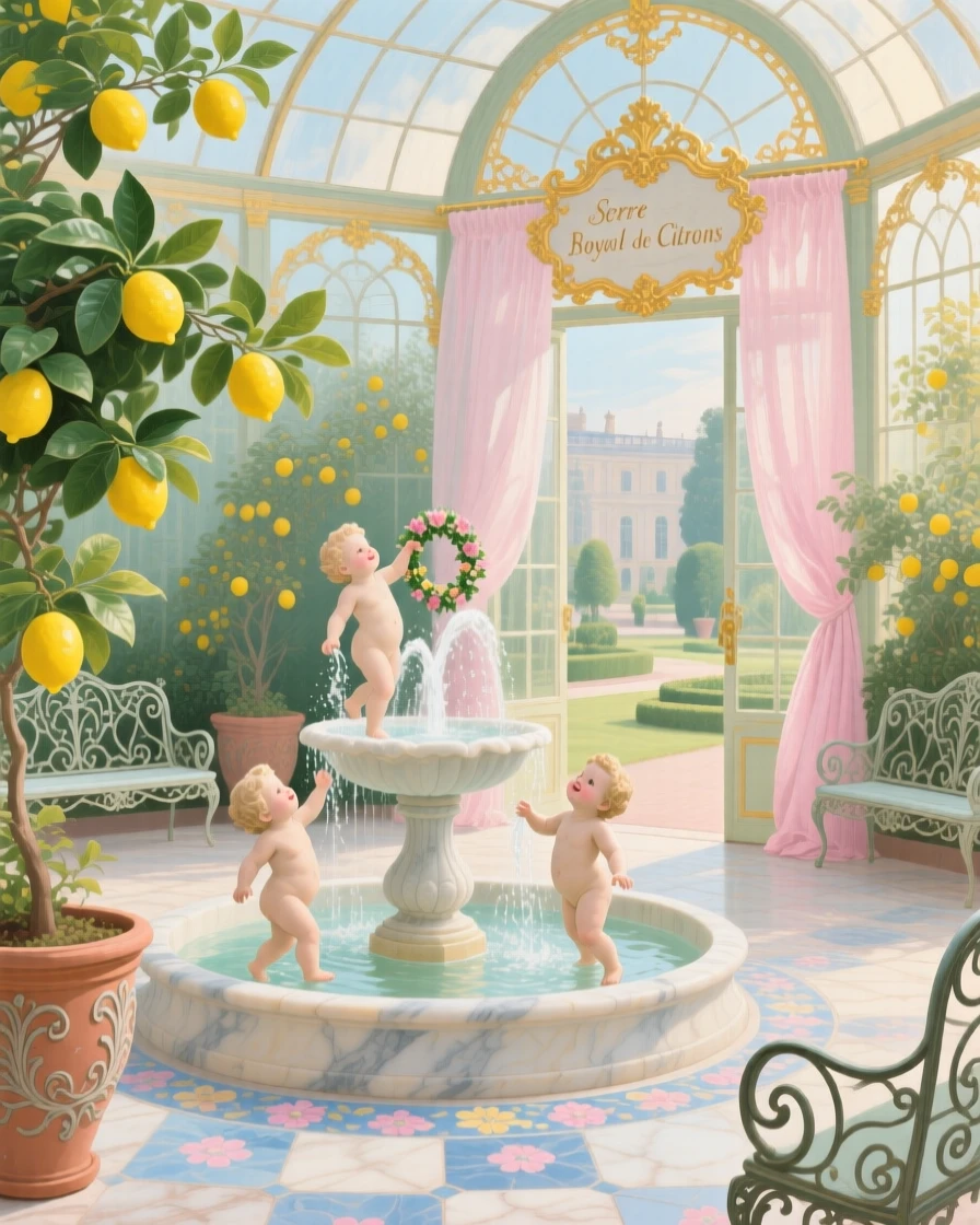 A palace greenhouse filled with lemon trees and a fountain of cherubs  