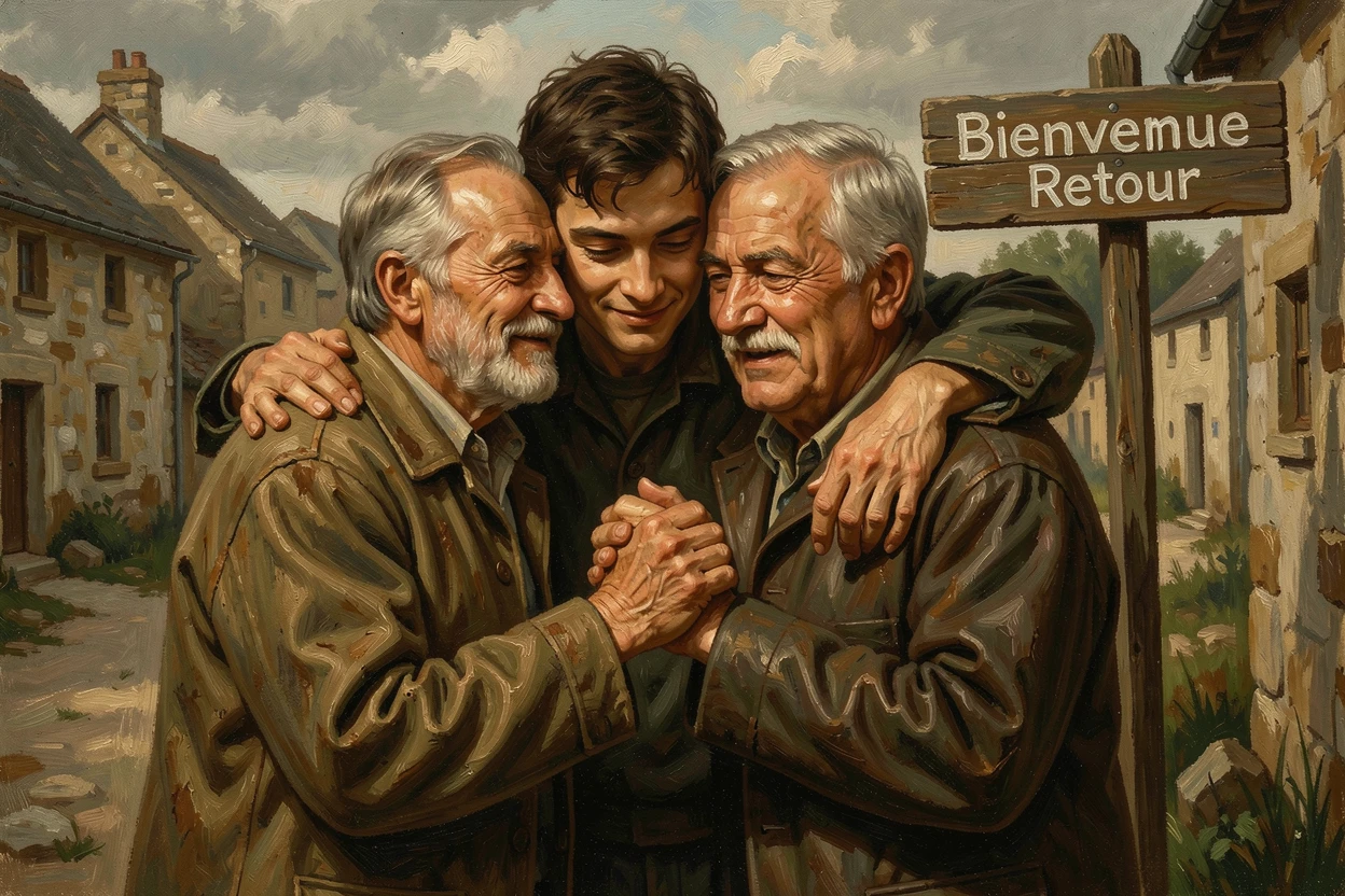 A young man returning to his hometown after years away, embraced by old friends, with hands clasped tightly, conveying connection and support, evoking deep emotion and a profound sense of shared humanity