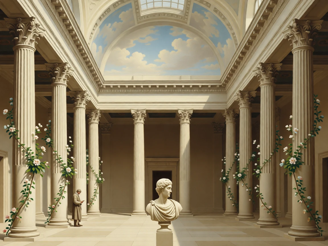 A sunlit atrium framed by Corinthian columns and flowering vines resonating with the faint echo of distant footsteps, set inside a centuries-old cathedral of quiet reverence, with towering columns rising toward a painted, cloud-filled ceiling; a lone figure or object provides scale against the soaring architecture, radiating history, refinement, and permanence.