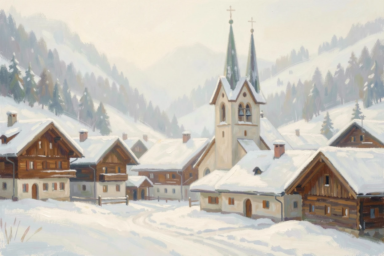 A traditional Swiss alpine village with wooden chalets and church bells ringing across a snowy valley, under a fresh blanket of snow, capturing a moment of quiet intimacy.