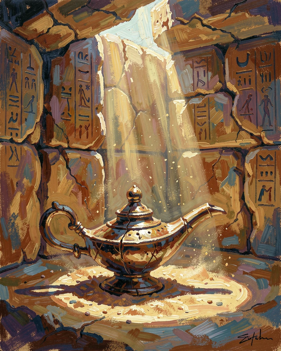 A time-worn genie's lamp resting in a sunbeam within an ancient desert tomb.
