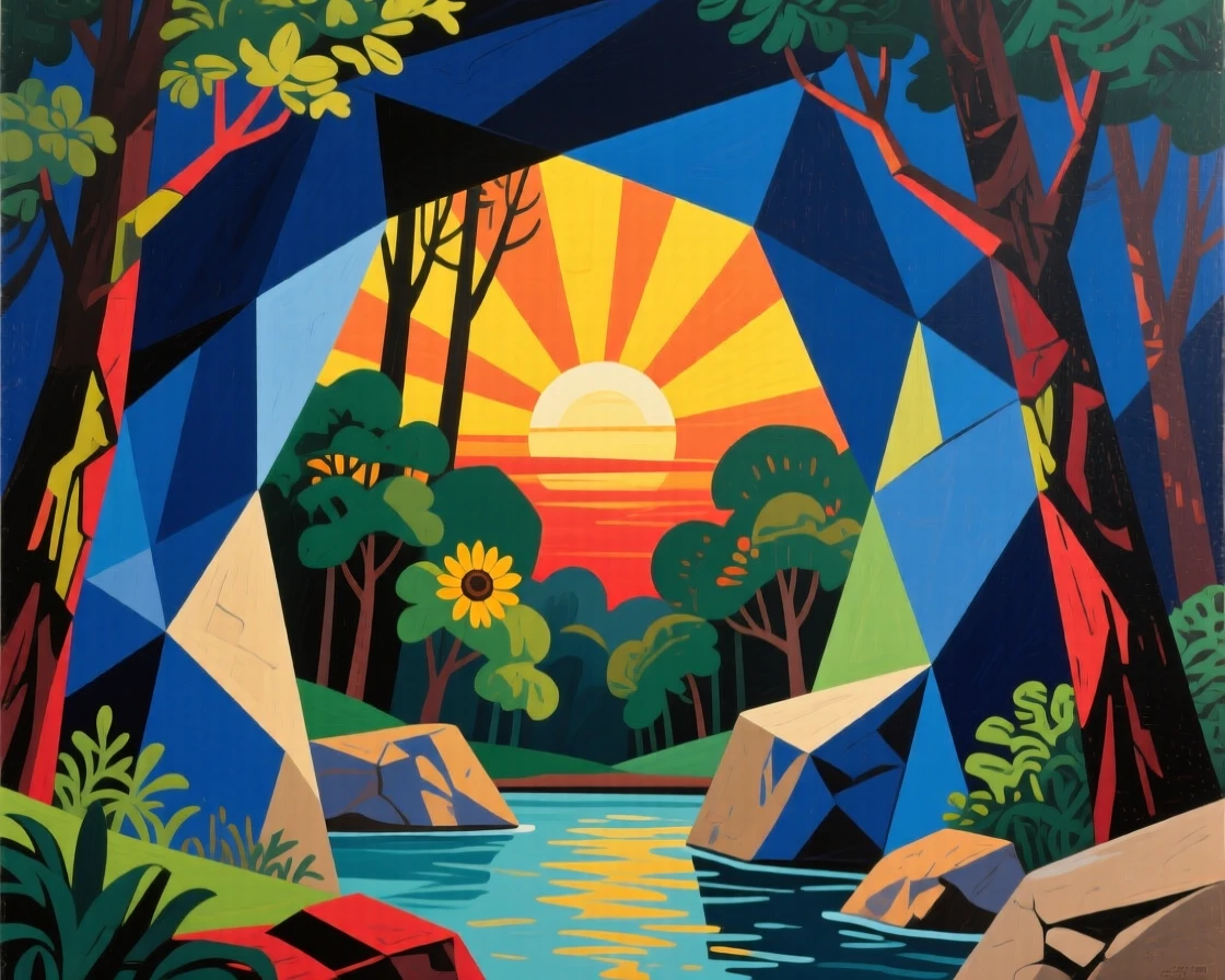 A candid medium shot of a hidden forest grotto as the sun sets in brilliant color, at the peak of summer.