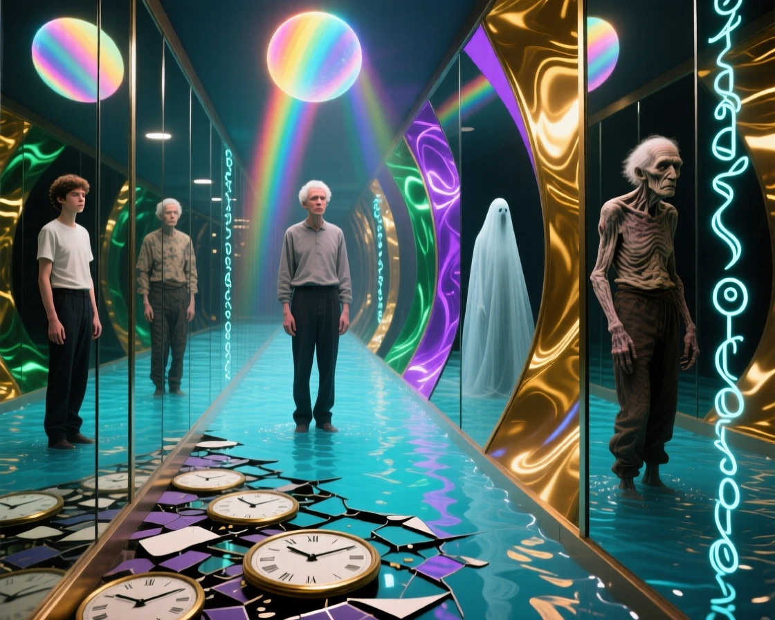 A mirror hallway where every reflection ages differently hums with a strange, looping quality of time, as light bends unnaturally around every corner.