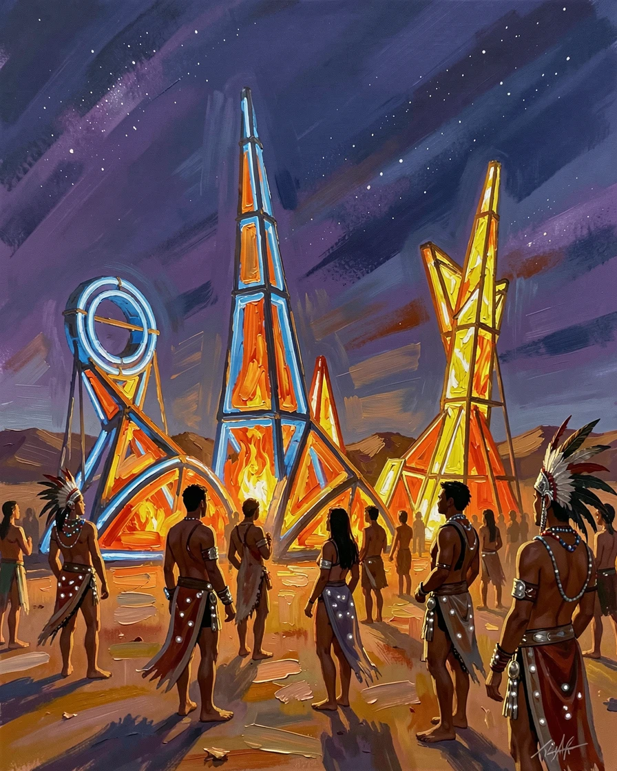 A dazzling Burning Man art installation glows against the Nevada desert night, silhouetted figures gathering around towering illuminated sculptures, small traditional details in costume and decoration rewarding a closer look.