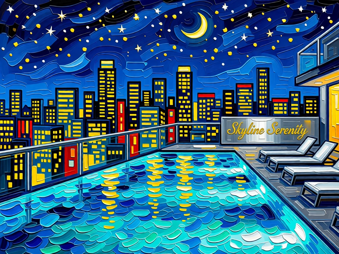 A rooftop infinity pool overlooking a glittering city skyline at midnight