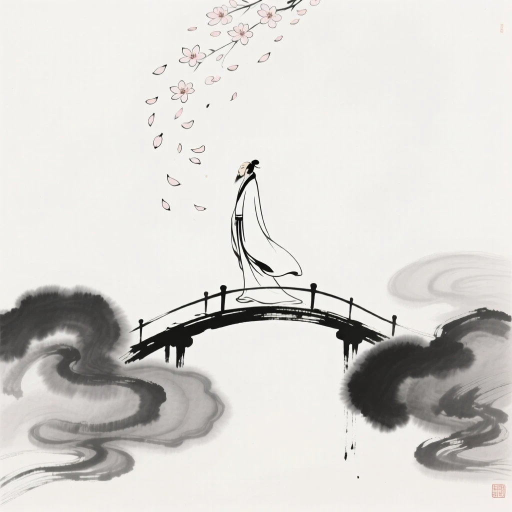 An immortal walks calmly across a bridge suspended between two clouds, as petals drift down from an unseen source above.