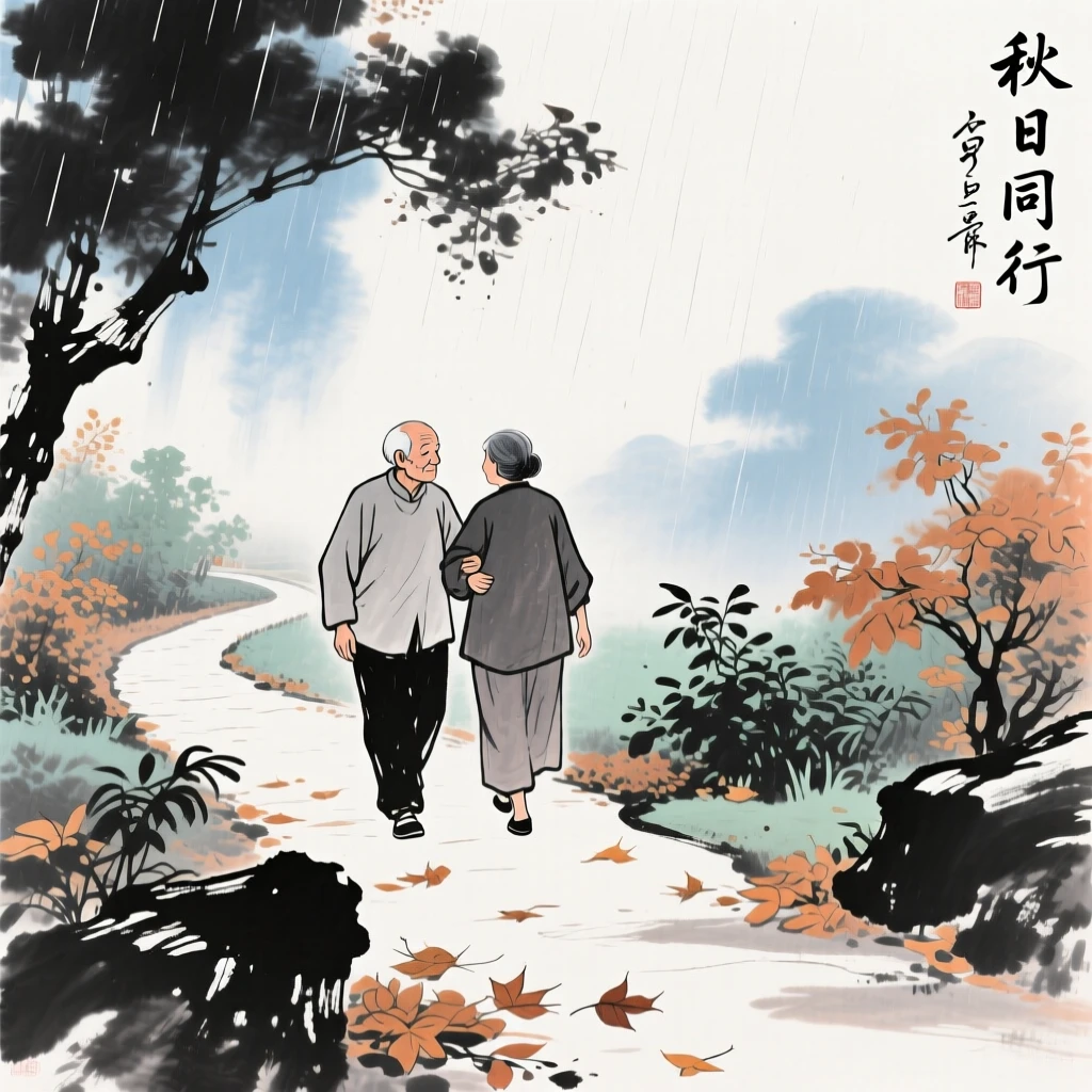 An elderly couple strolling arm in arm along a garden path in autumn, through a curtain of fine rain.