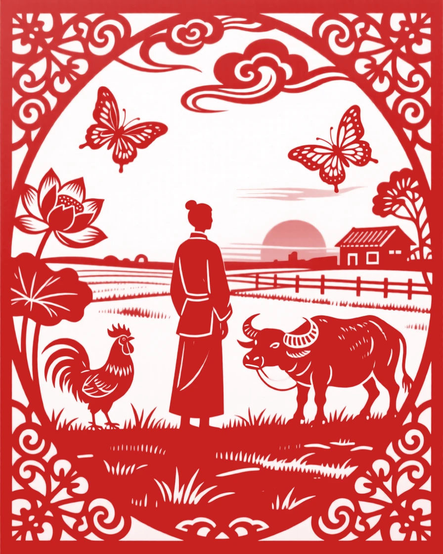 A Summer scene of a quiet farmyard at day's end, a lone figure pausing to take in the view.