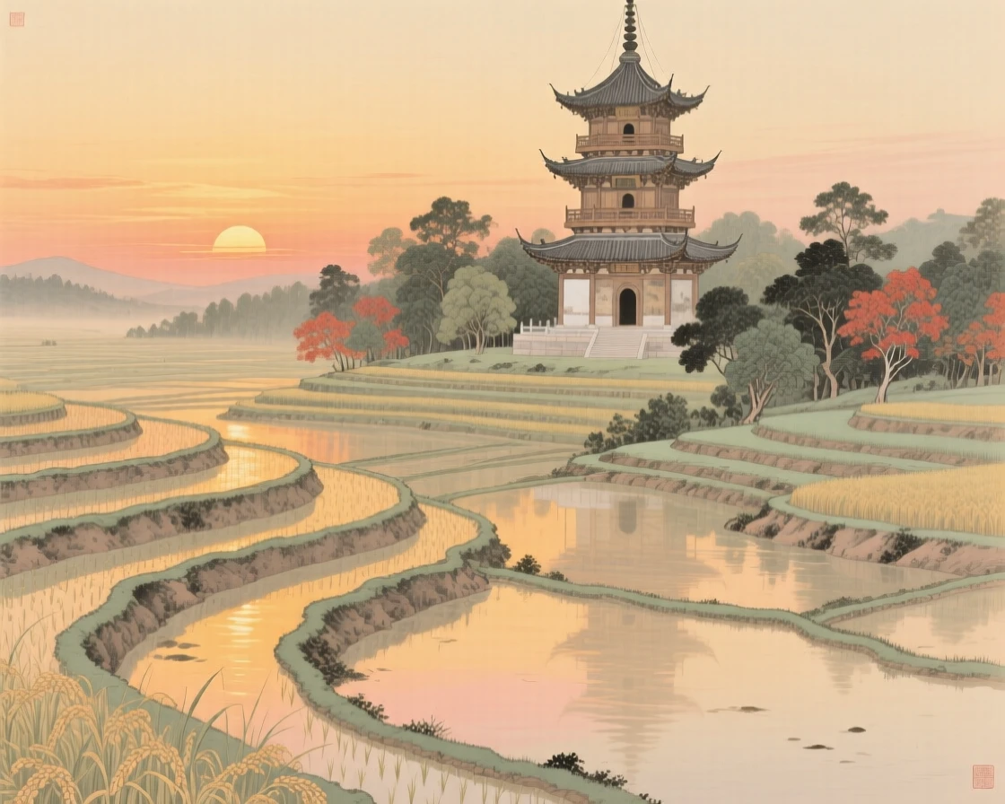 A terraced rice paddy reflecting the sunset, with a distant temple bell tower rising above the treeline