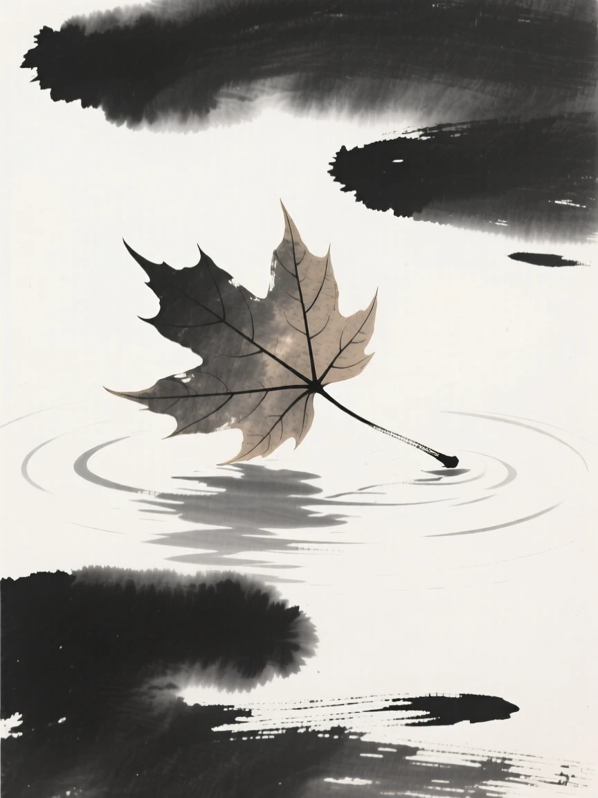 A fallen maple leaf drifting on water against a soft, empty backdrop, framed asymmetrically for quiet visual balance, conveying gentle stillness and natural harmony.